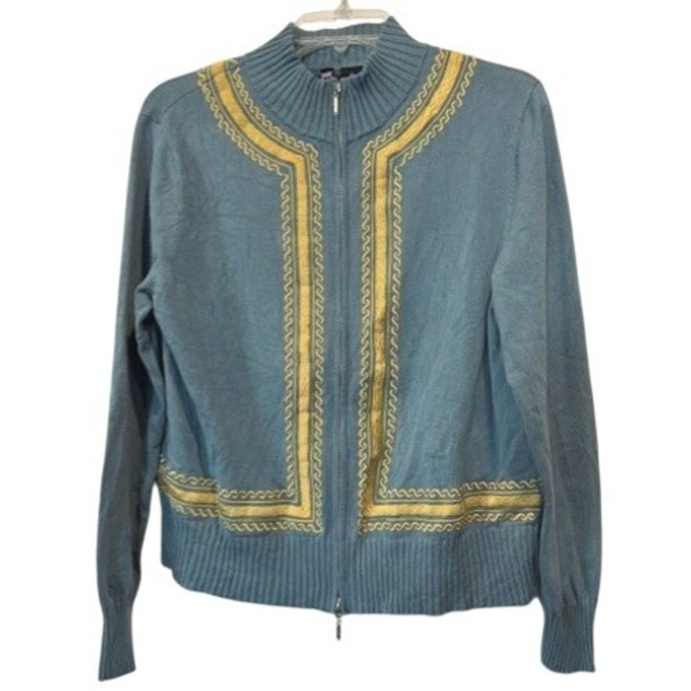Worth New York Womens 1X Silk Blend Embroidered Zip Cardigan Blue Gold Vintage